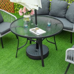 image-106cm Round Garden Dining Table with Parasol Hole Tempered Glass Top Steel Frame
