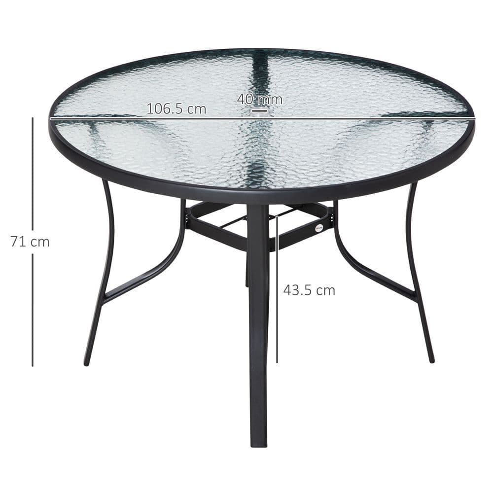 image-106cm Round Garden Dining Table with Parasol Hole Tempered Glass Top Steel Frame