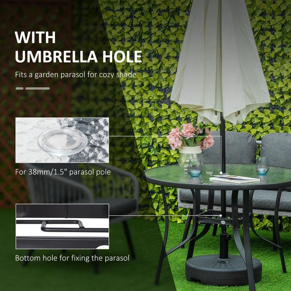 image-106cm Round Garden Dining Table with Parasol Hole Tempered Glass Top Steel Frame