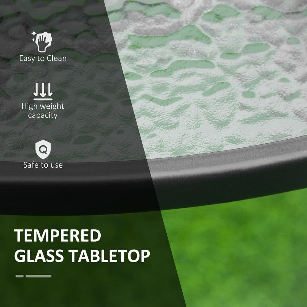 image-106cm Round Garden Dining Table with Parasol Hole Tempered Glass Top Steel Frame