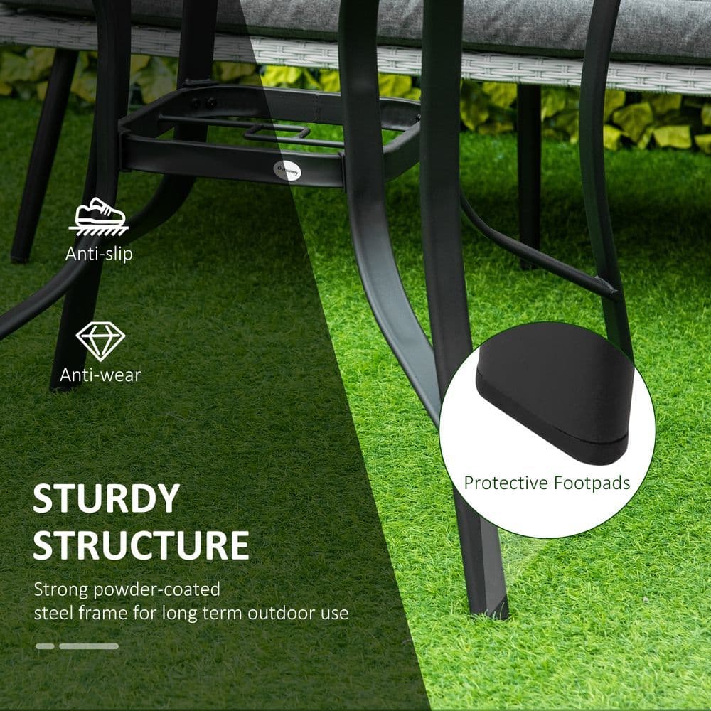 image-106cm Round Garden Dining Table with Parasol Hole Tempered Glass Top Steel Frame