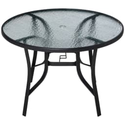 image-106cm Round Garden Dining Table with Parasol Hole Tempered Glass Top Steel Frame