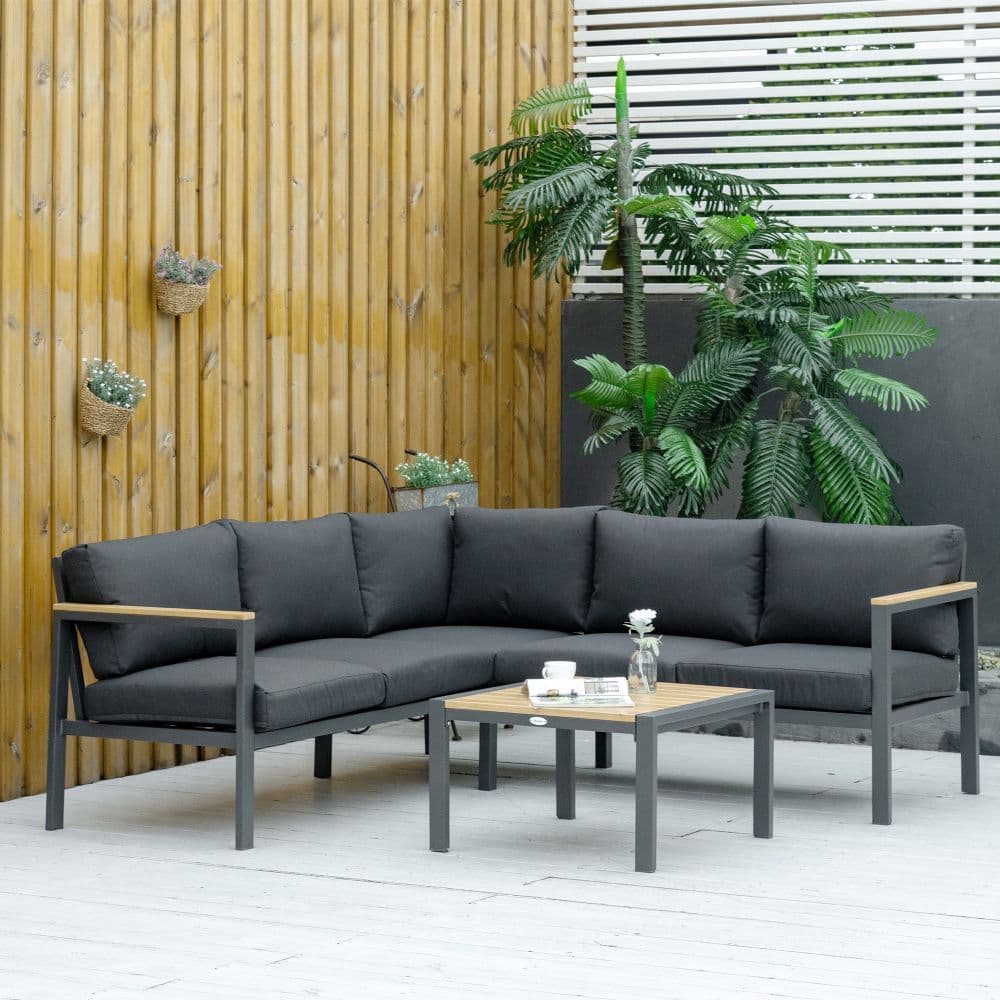image-5 Seater L Shape Aluminium Corner Sofa Set Table, Dark Grey