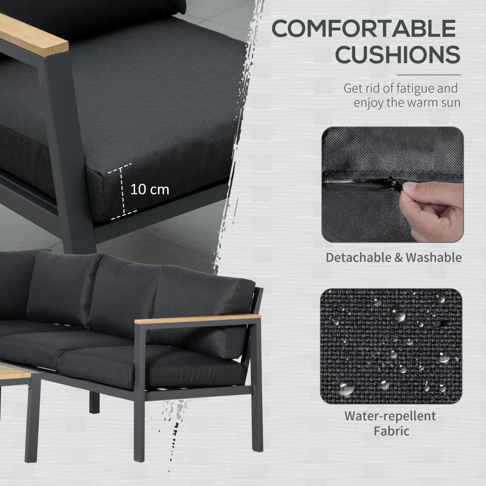 image-5 Seater L Shape Aluminium Corner Sofa Set Table, Dark Grey