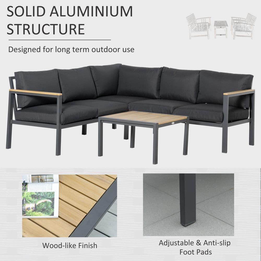 image-5 Seater L Shape Aluminium Corner Sofa Set Table, Dark Grey