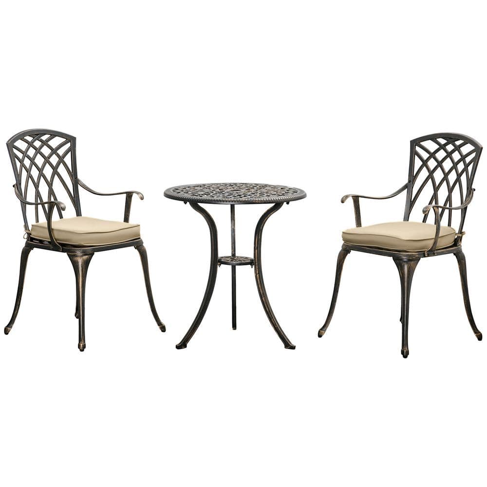 image-3Pc Cast Aluminium Garden Bistro Set for 2 Parasol Hole, Cushions Bronze