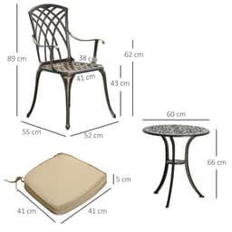 image-3Pc Cast Aluminium Garden Bistro Set for 2 Parasol Hole, Cushions Bronze