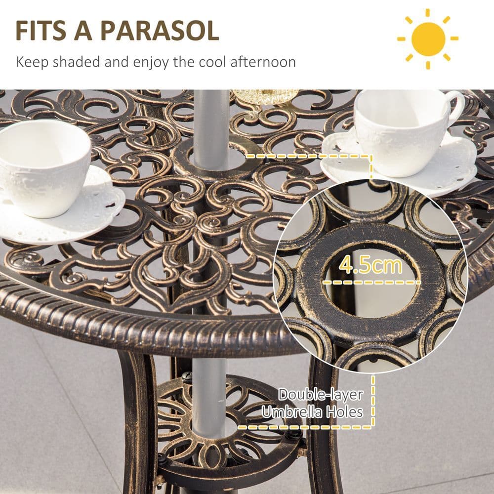 image-3Pc Cast Aluminium Garden Bistro Set for 2 Parasol Hole, Cushions Bronze