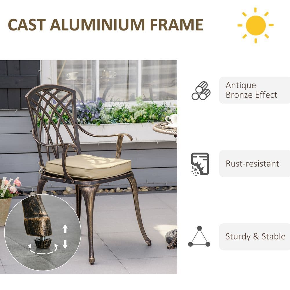 image-3Pc Cast Aluminium Garden Bistro Set for 2 Parasol Hole, Cushions Bronze