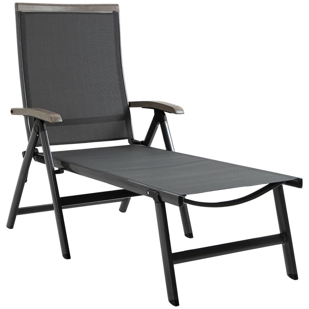 image-Folding Sun Lounger, Adjustable Chaise Lounge Chair Aluminium Frame Grey