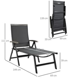 image-Folding Sun Lounger, Adjustable Chaise Lounge Chair Aluminium Frame Grey