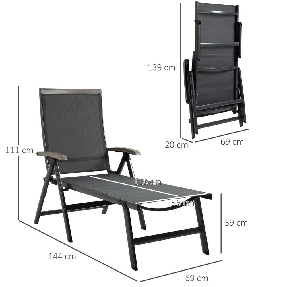 image-Folding Sun Lounger, Adjustable Chaise Lounge Chair Aluminium Frame Grey
