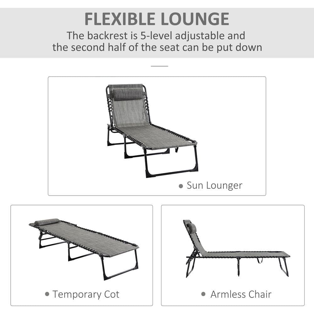 image-Portable Sun Lounger, Folding Camping Adjustable , Pillow Grey