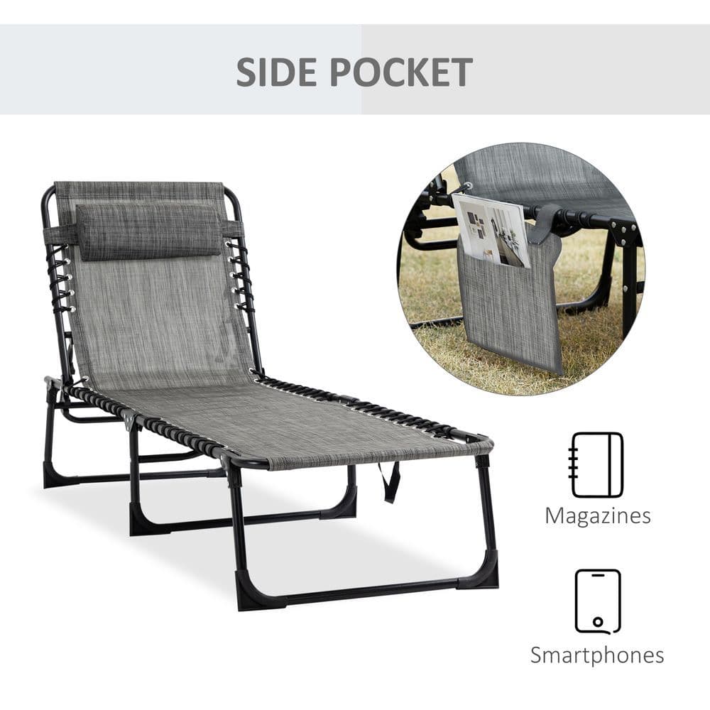 image-Portable Sun Lounger, Folding Camping Adjustable , Pillow Grey