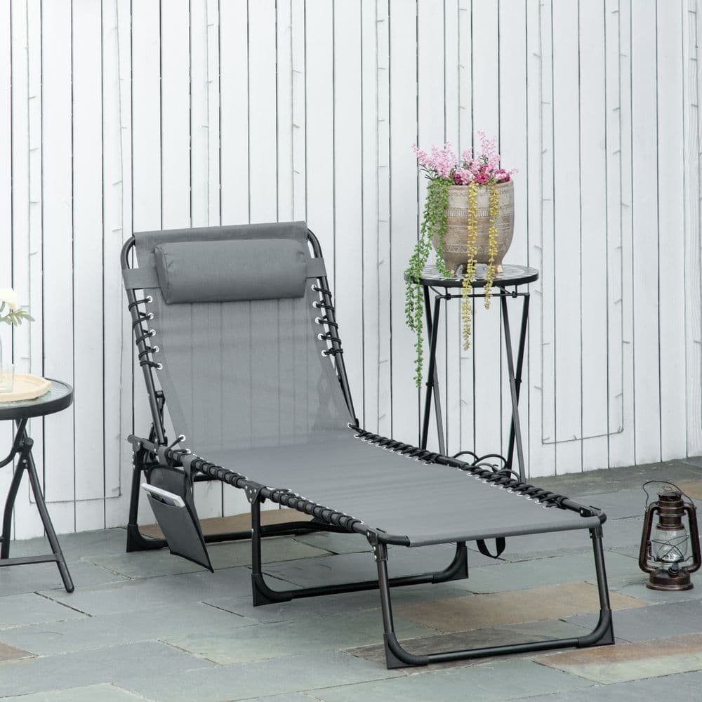 image-Portable Sun Lounger, Reclining Lounge Chair 5-position Adjustable Pillow Grey