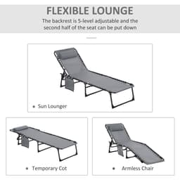 image-Portable Sun Lounger, Reclining Lounge Chair 5-position Adjustable Pillow Grey