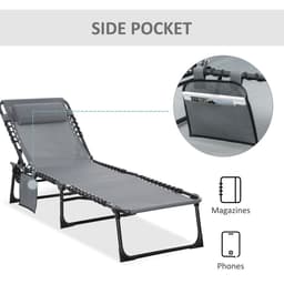 image-Portable Sun Lounger, Reclining Lounge Chair 5-position Adjustable Pillow Grey