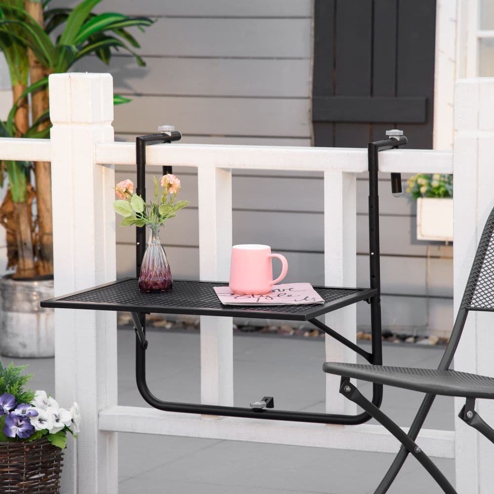 image-Balcony Hanging Table, Metal Wall Mount Desk, Adjust Black