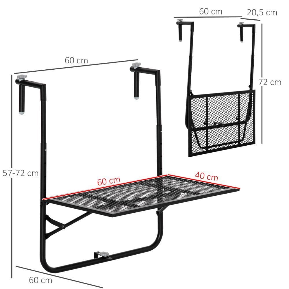 image-Balcony Hanging Table, Metal Wall Mount Desk, Adjust Black