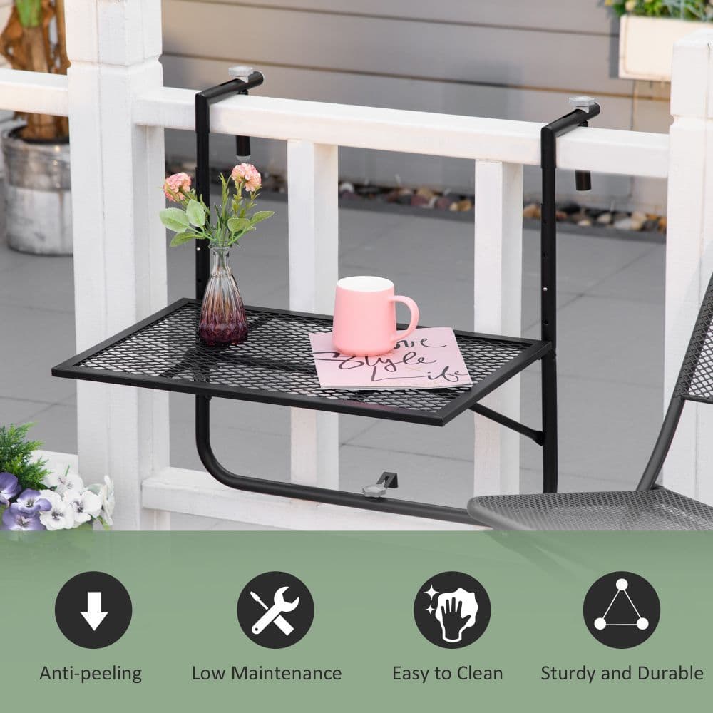 image-Balcony Hanging Table, Metal Wall Mount Desk, Adjust Black