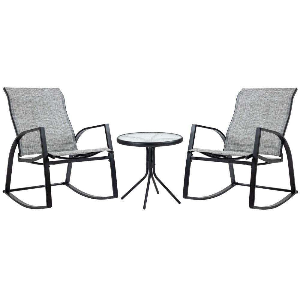 image-3Pc Patio Bistro Set 2 Rocking Chairs and Tempered Glass Table Coffee