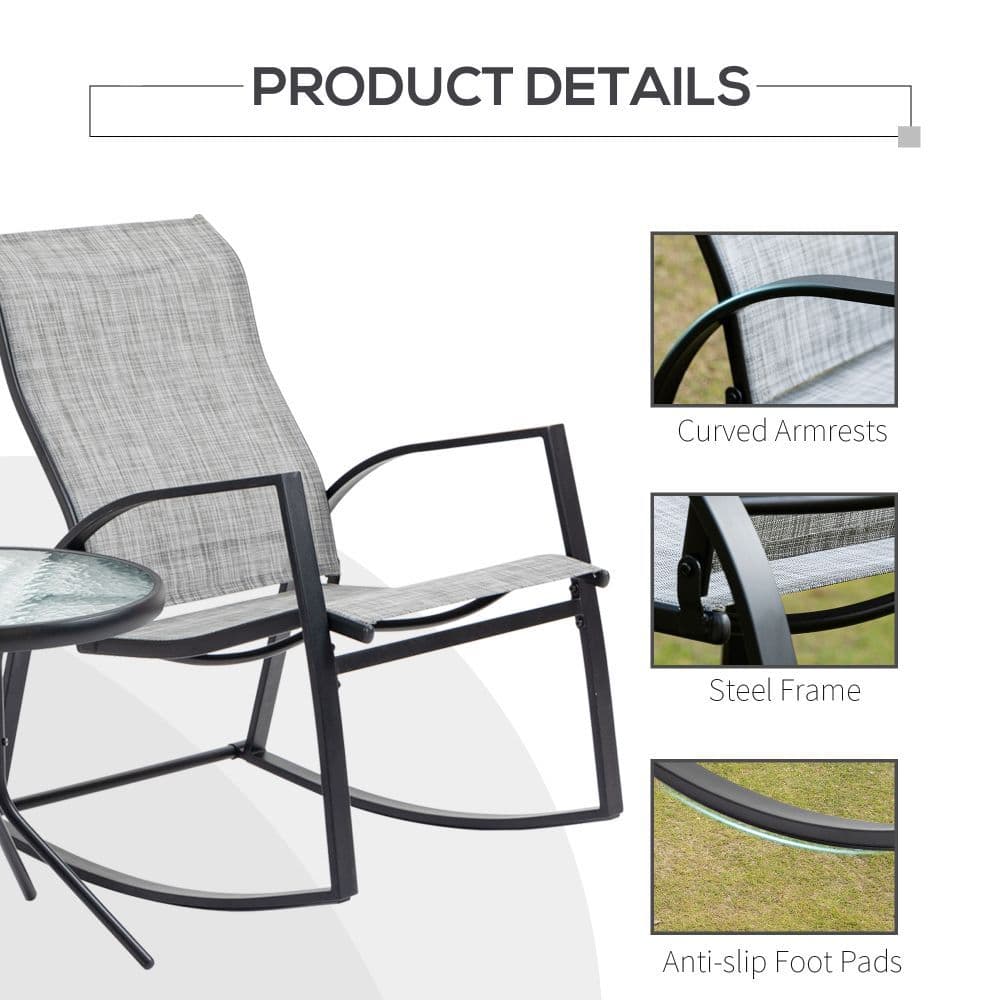 image-3Pc Patio Bistro Set 2 Rocking Chairs and Tempered Glass Table Coffee
