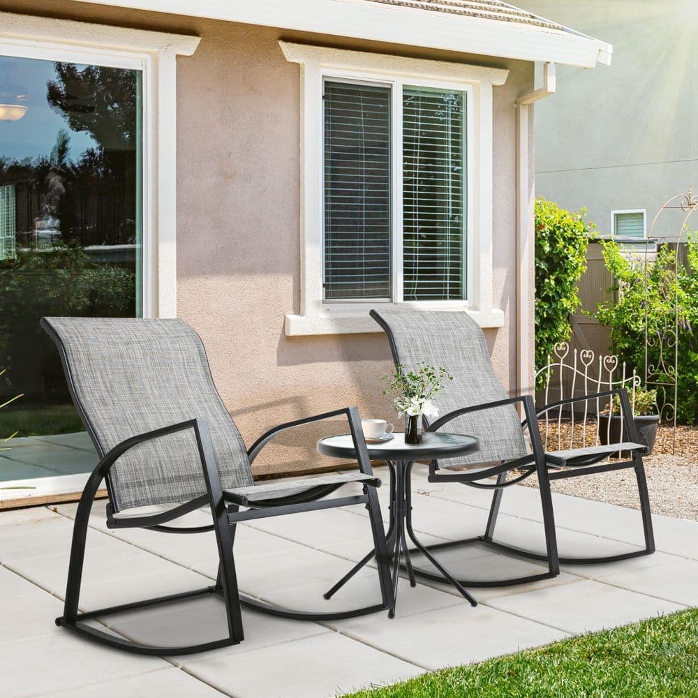 image-3Pc Patio Bistro Set 2 Rocking Chairs and Tempered Glass Table Coffee