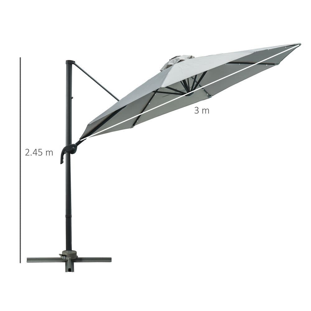 image-3m Cantilever Roma Parasol Patio Sun Umbrella with LED Solar Light, Grey
