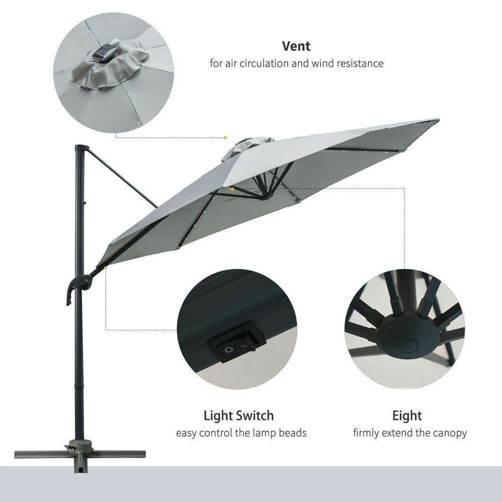 image-3m Cantilever Roma Parasol Patio Sun Umbrella with LED Solar Light, Grey