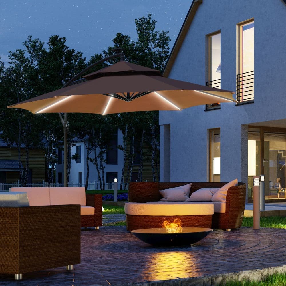 image-3m Cantilever Banana Parasol Double Roof, LED Solar lights, Crank,
