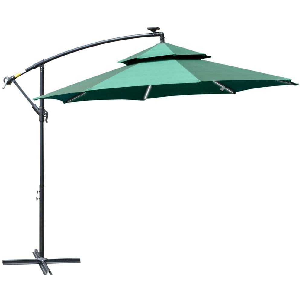 image-3m Cantilever Banana Parasol Double Roof, LED Solar Crank Green