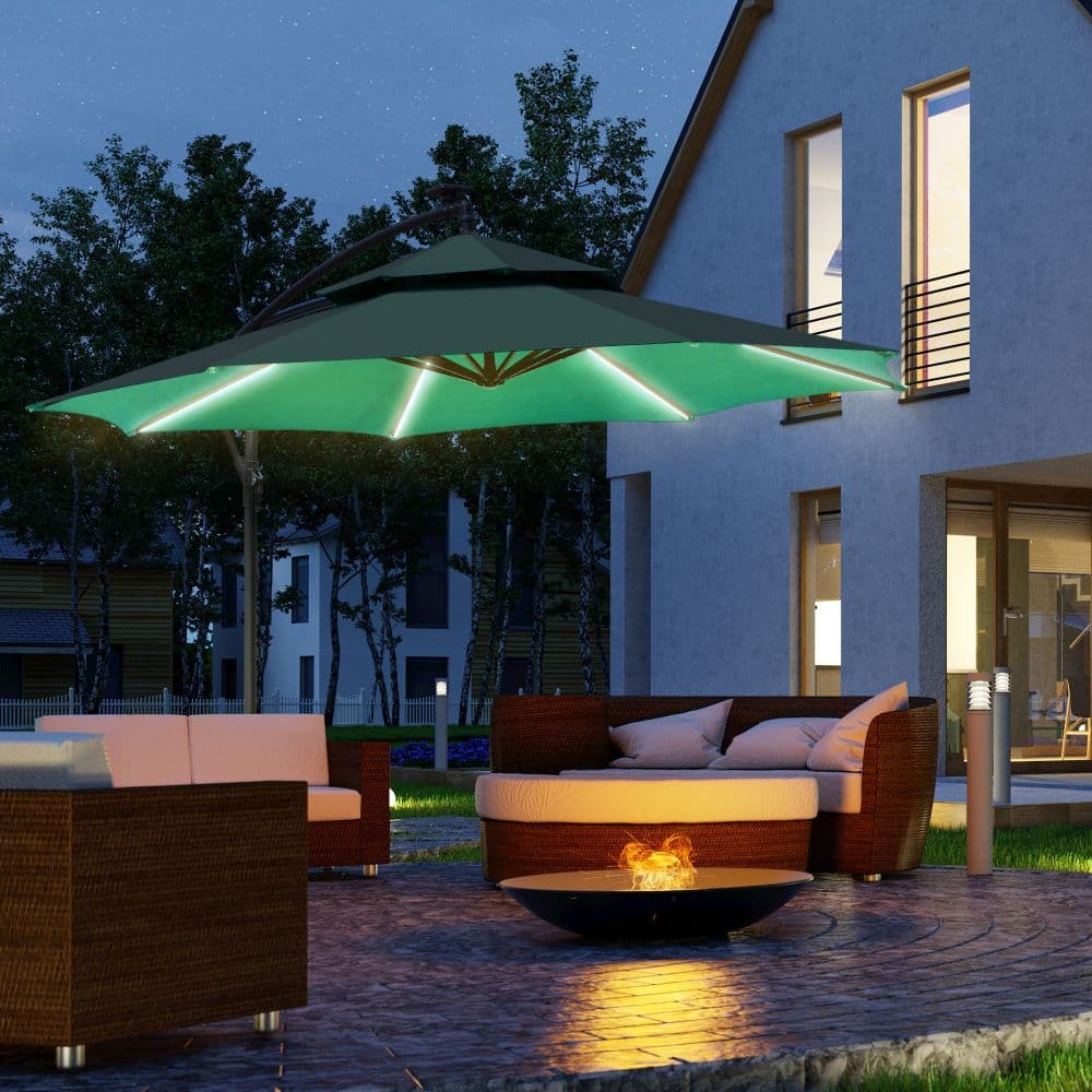image-3m Cantilever Banana Parasol Double Roof, LED Solar Crank Green