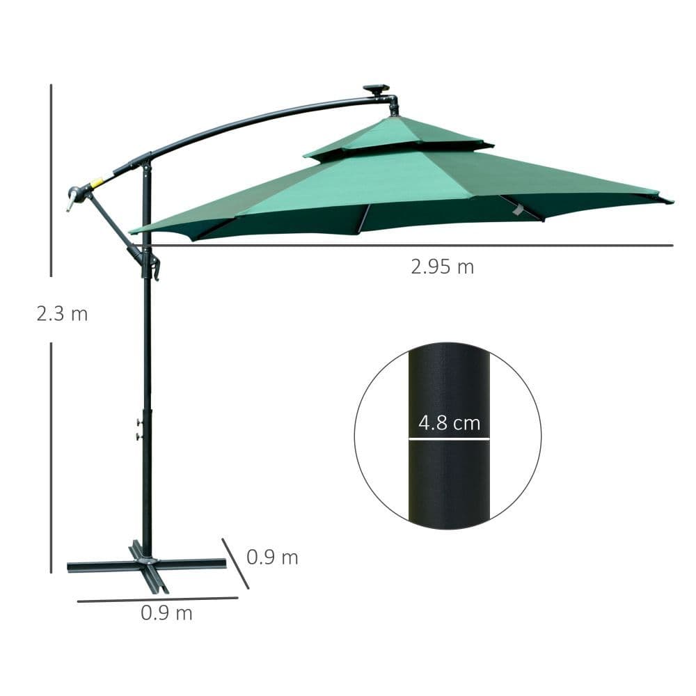 image-3m Cantilever Banana Parasol Double Roof, LED Solar Crank Green
