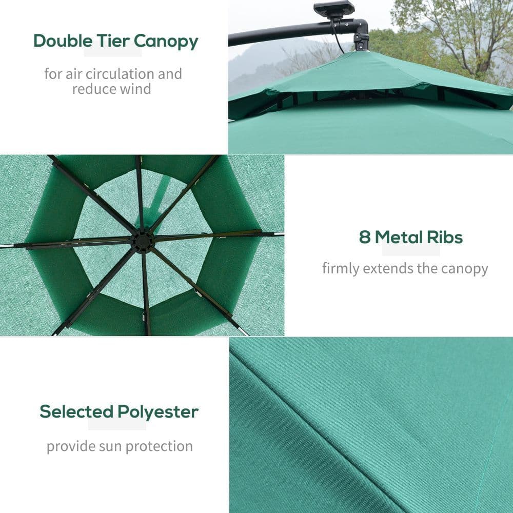 image-3m Cantilever Banana Parasol Double Roof, LED Solar Crank Green