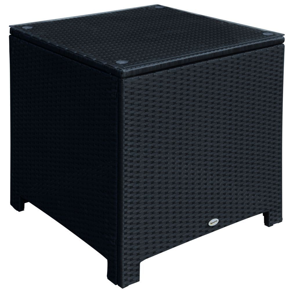 image-Outsunny Rattan Side Table Patio Frame Tempered Glass Outdoor Wicker-Black