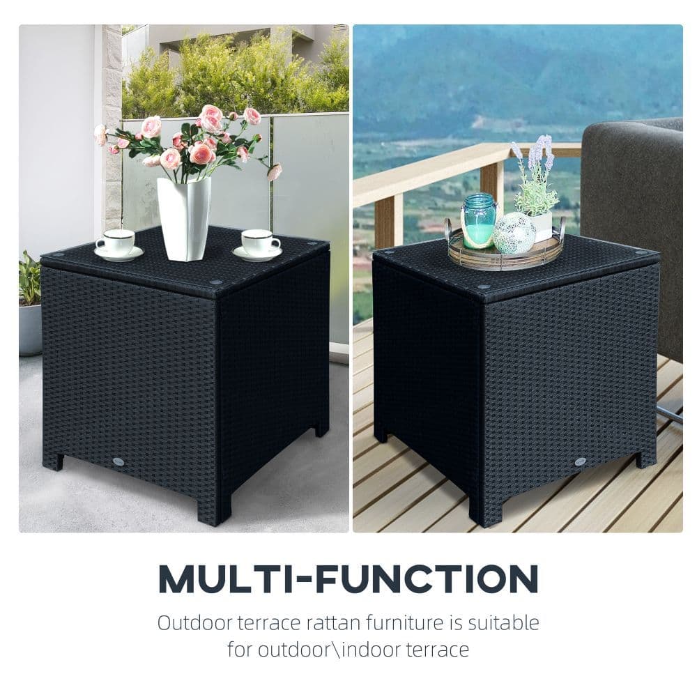 image-Outsunny Rattan Side Table Patio Frame Tempered Glass Outdoor Wicker-Black