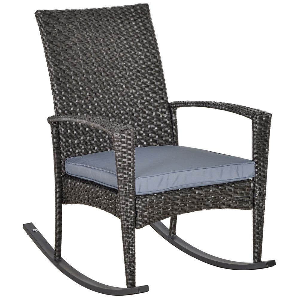 image-Outsunny PE Rattan Outdoor Garden Rocking Chair w/ Cushion Grey