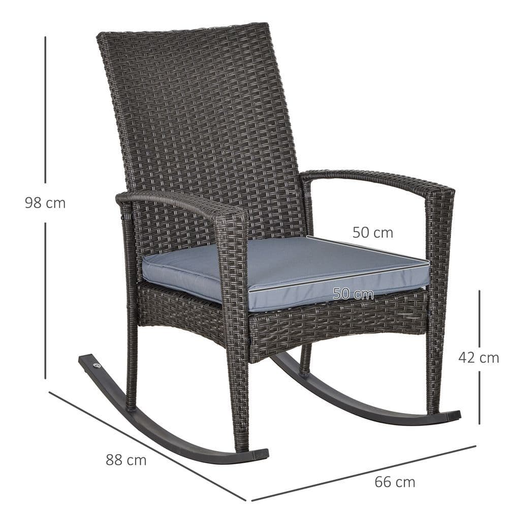 image-Outsunny PE Rattan Outdoor Garden Rocking Chair w/ Cushion Grey