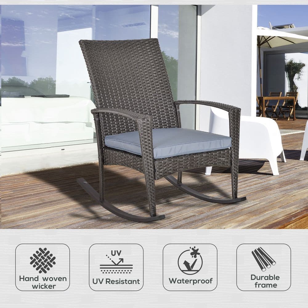 image-Outsunny PE Rattan Outdoor Garden Rocking Chair w/ Cushion Grey