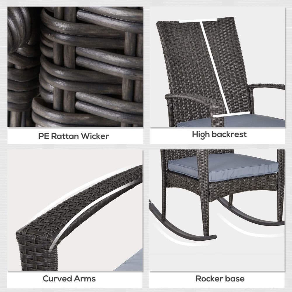 image-Outsunny PE Rattan Outdoor Garden Rocking Chair w/ Cushion Grey