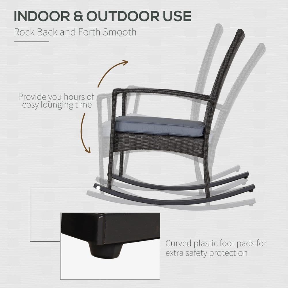 image-Outsunny PE Rattan Outdoor Garden Rocking Chair w/ Cushion Grey