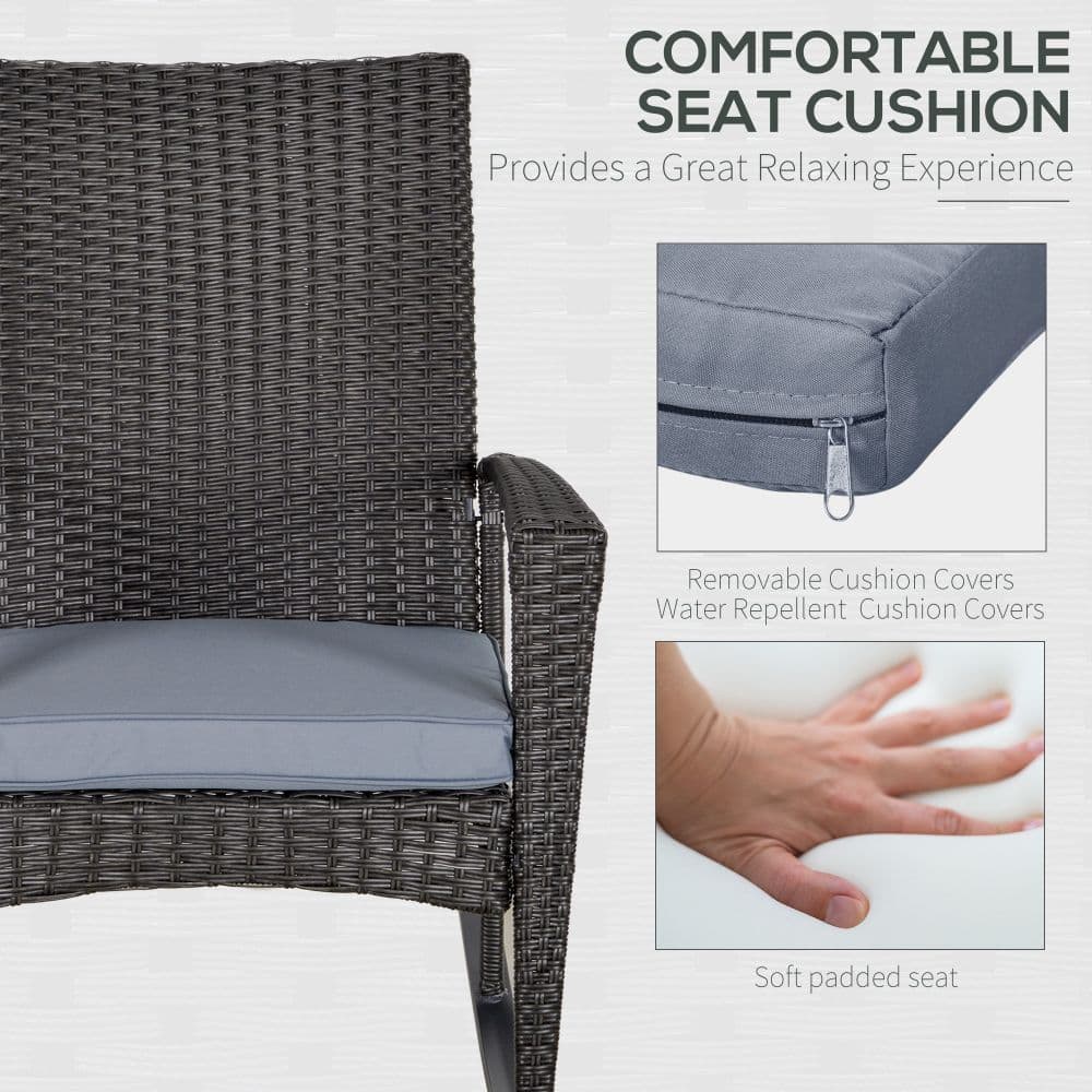 image-Outsunny PE Rattan Outdoor Garden Rocking Chair w/ Cushion Grey