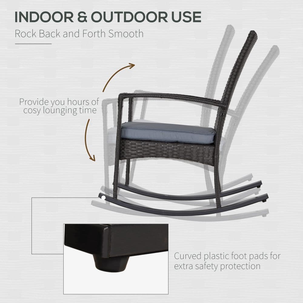 image-Outsunny PE Rattan Outdoor Garden Rocking Chair w/ Cushion Grey