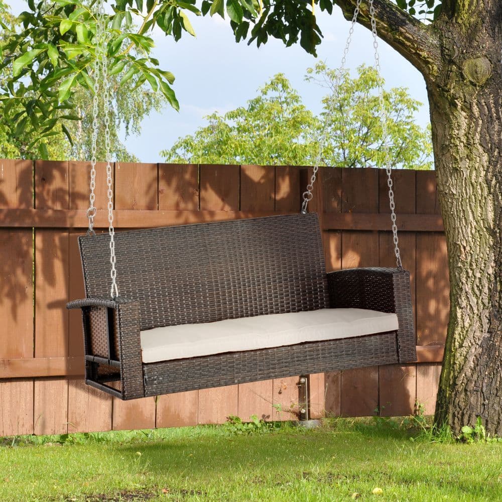 image-2-Person Rattan Porch Swing Bench, Outdoor Chair Cushions, Cream White