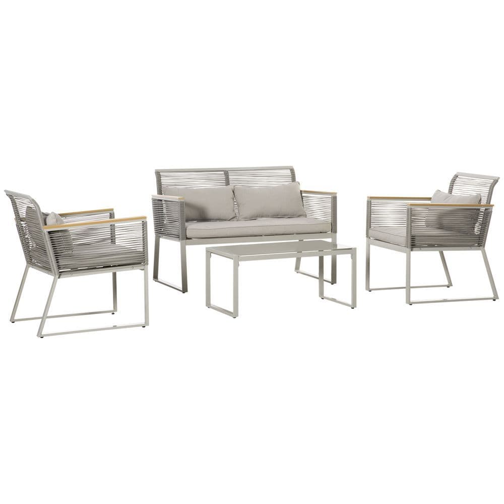 image-4-Seater Patio Wicker Sofa, Metal Frame PE Rattan Tempered Glass Table Grey
