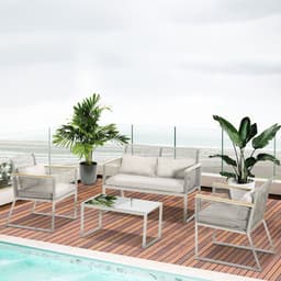 image-4-Seater Patio Wicker Sofa, Metal Frame PE Rattan Tempered Glass Table Grey