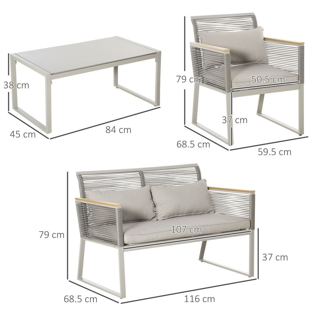 image-4-Seater Patio Wicker Sofa, Metal Frame PE Rattan Tempered Glass Table Grey