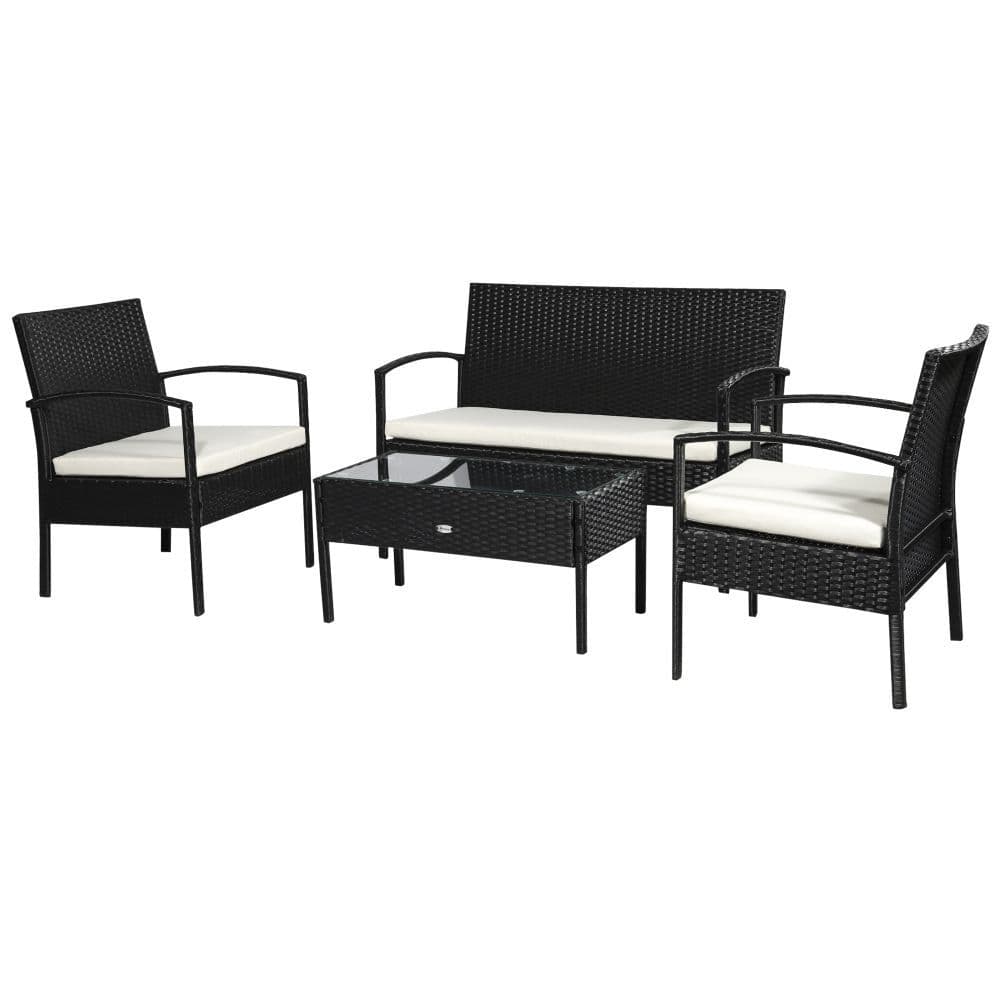 image-4-Seater Rattan Garden Furniture Set Black Cream Outdoor Patio Bistro
