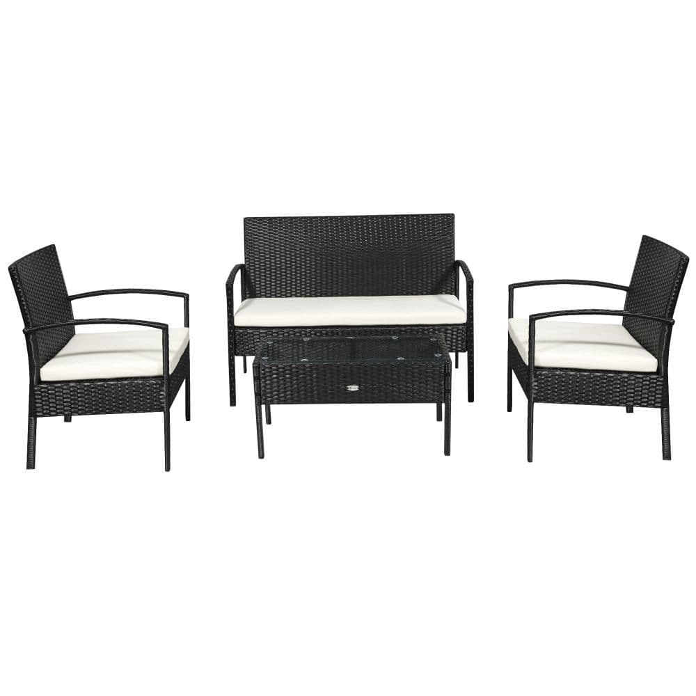image-4-Seater Rattan Garden Furniture Set Black Cream Outdoor Patio Bistro