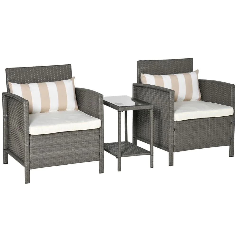 image-Rattan 2 Seater Patio Bistro Set with Cushion Pillow - Grey, Cream White